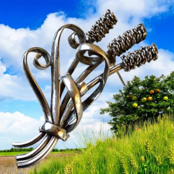 Sterling Silver Vintage Brooch Cattails Bulrush Reed Plant Signed ss grams - Picture 3 of 14